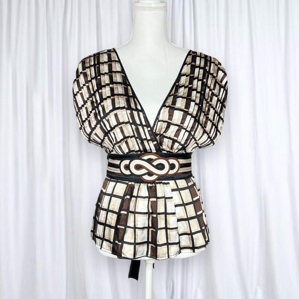 Bebe Y2K Silk Geometric Neutral Top